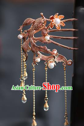 Chinese Cheongsam Golden Phoenix Hair Comb Traditional Hanfu Hair Accessories Handmade Song Dynasty Tassel Hairpins for Women