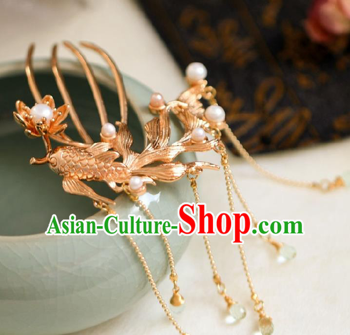 Chinese Cheongsam Golden Phoenix Hair Comb Traditional Hanfu Hair Accessories Handmade Song Dynasty Tassel Hairpins for Women