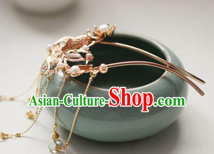 Chinese Cheongsam Golden Fish Hair Clip Traditional Hanfu Hair Accessories Handmade Song Dynasty Bells Tassel Hairpins for Women