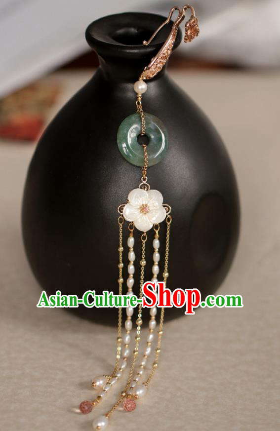 Chinese Classical Jade Ring Brooch Traditional Hanfu Accessories Handmade Cheongsam Pearls Tassel Breastpin Pendant for Women