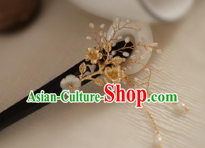 Chinese Cheongsam Ebony Hair Clip Traditional Hanfu Hair Accessories Handmade Shell Plum Tassel Hairpins for Women