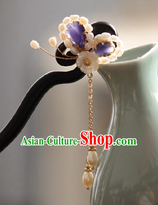 Chinese Cheongsam Pearls Ebony Hair Clip Traditional Hanfu Hair Accessories Handmade Purple Butterfly Hairpins for Women