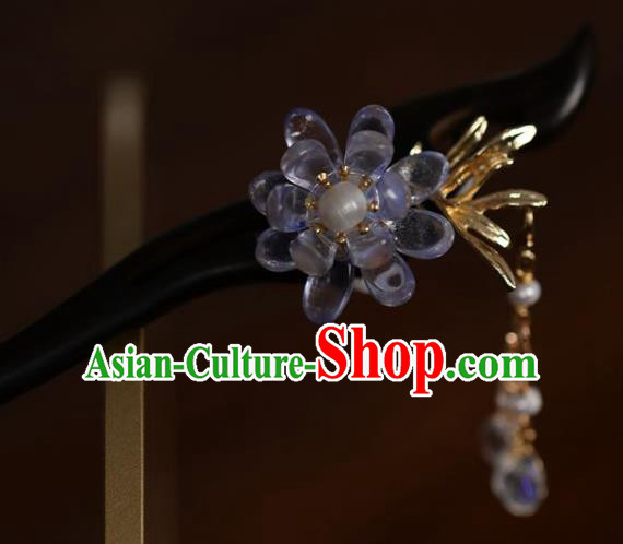 Handmade Chinese Cheongsam Crystal Flower Hair Clip Traditional Hanfu Hair Accessories Ebony Hairpins for Women