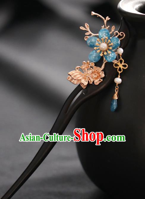 Chinese Cheongsam Blue Plum Ebony Hair Clip Traditional Hanfu Hair Accessories Handmade Golden Butterfly Hairpins for Women