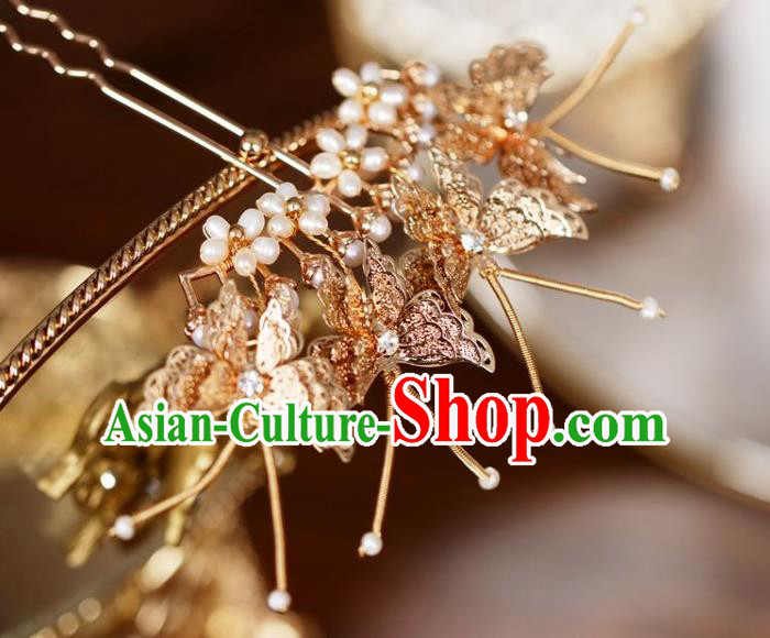 Handmade Chinese Cheongsam Pearls Hair Clip Traditional Hanfu Hair Accessories Golden Butterfly Hairpins for Women