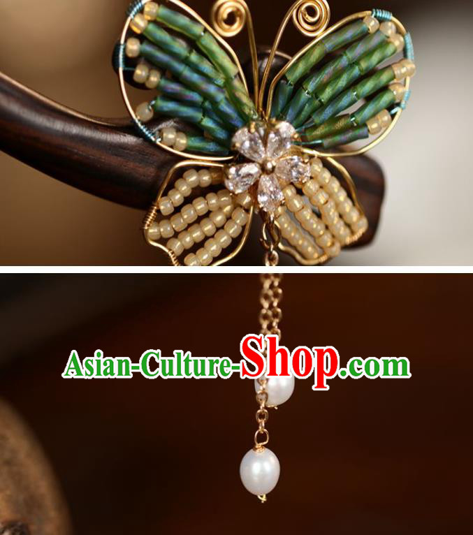 Handmade Chinese Cheongsam Beads Butterfly Hair Clip Traditional Hanfu Hair Accessories Golden Tassel Ebony Hairpins for Women