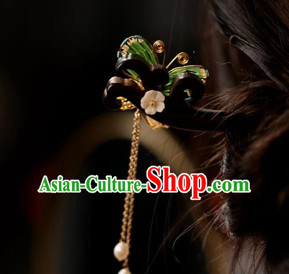 Handmade Chinese Cheongsam Beads Butterfly Hair Clip Traditional Hanfu Hair Accessories Golden Tassel Ebony Hairpins for Women
