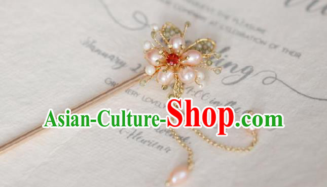 Chinese Cheongsam Pink Pearls Hair Clip Traditional Hanfu Hair Accessories Handmade Golden Hairpins for Women