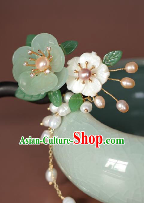 Chinese Cheongsam Pearls Tassel Hair Clip Traditional Hanfu Hair Accessories Handmade Ebony Green Peach Blossom Hairpins for Women