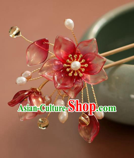Chinese Cheongsam Red Flowers Hair Clip Traditional Hanfu Hair Accessories Handmade Peach Blossom Hairpins for Women