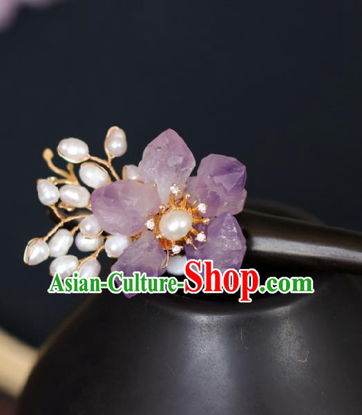 Chinese Cheongsam Purple Stone Hair Clip Traditional Hanfu Hair Accessories Handmade Pearls Ebony Hairpins for Women