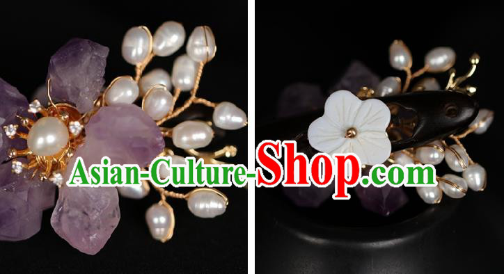 Chinese Cheongsam Purple Stone Hair Clip Traditional Hanfu Hair Accessories Handmade Pearls Ebony Hairpins for Women
