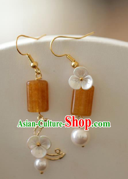 Chinese Handmade Hanfu Jade Earrings Traditional Ear Jewelry Accessories Classical Yellow Eardrop for Women
