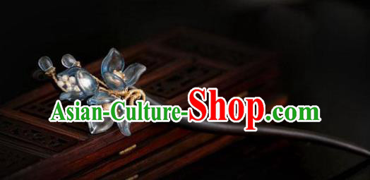 Chinese Cheongsam Ebony Hair Clip Traditional Hanfu Hair Accessories Handmade Blue Yulan Magnolia Hairpins for Women