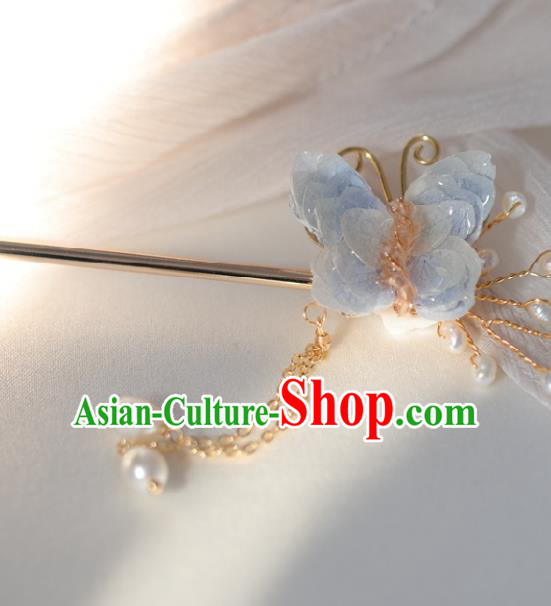 Chinese Cheongsam Light Blue Butterfly Hair Clip Traditional Hanfu Hair Accessories Handmade Pearls Tassel Hairpins for Women