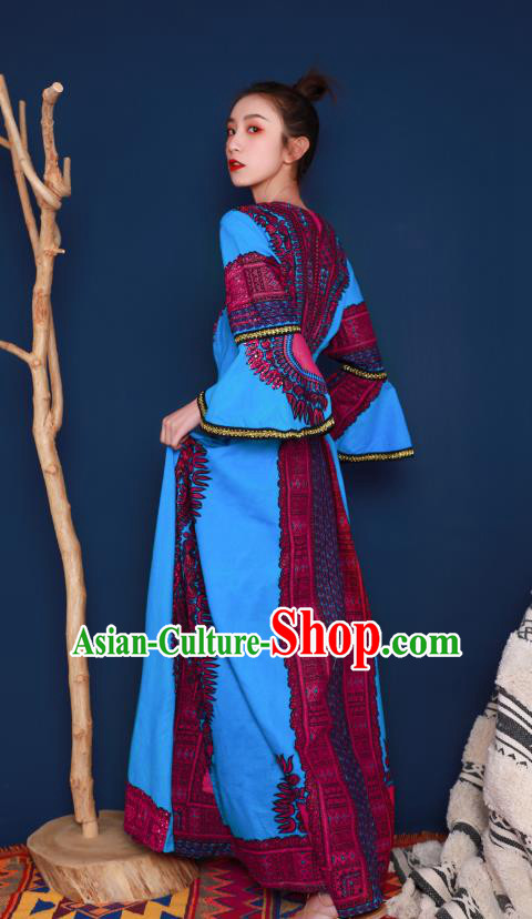 Thailand Traditional Embroidery Beads Blue Dress Photography Informal Costumes for Women