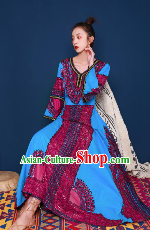 Thailand Traditional Embroidery Beads Blue Dress Photography Informal Costumes for Women