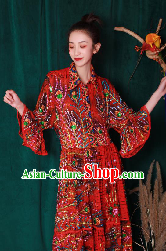 Thailand Traditional Embroidery Beads Red Dress Photography Informal Costumes for Women