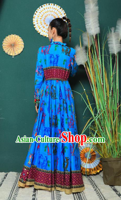 Thailand Traditional Embroidery Beads Blue Dress Photography Morocco National Informal Costumes for Women