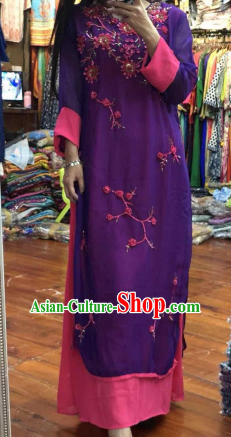 Thailand Traditional Handmade Embroidery Purple Dress Photography Asian Indian National Informal Costumes for Women