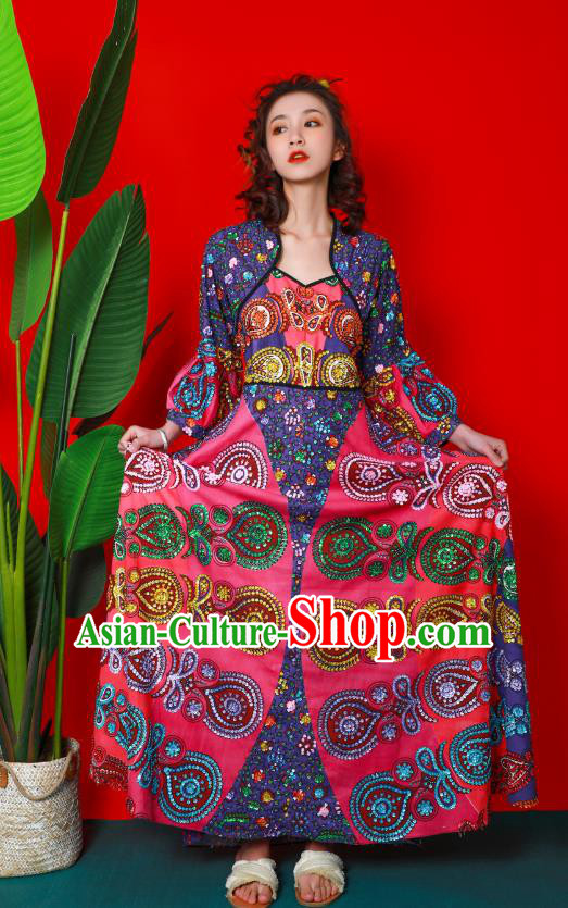 Thailand Traditional Handmade Beading Rosy Dress Photography Asian Indian National Informal Costumes for Women