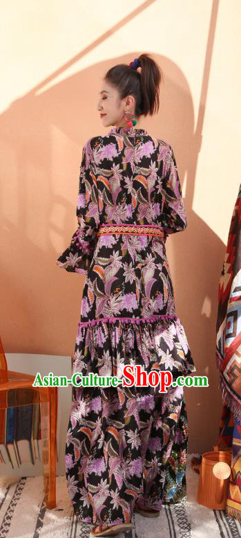 Thailand Traditional Handmade Printing Black Dress Photography Asian Thai National Sequins Informal Costumes for Women