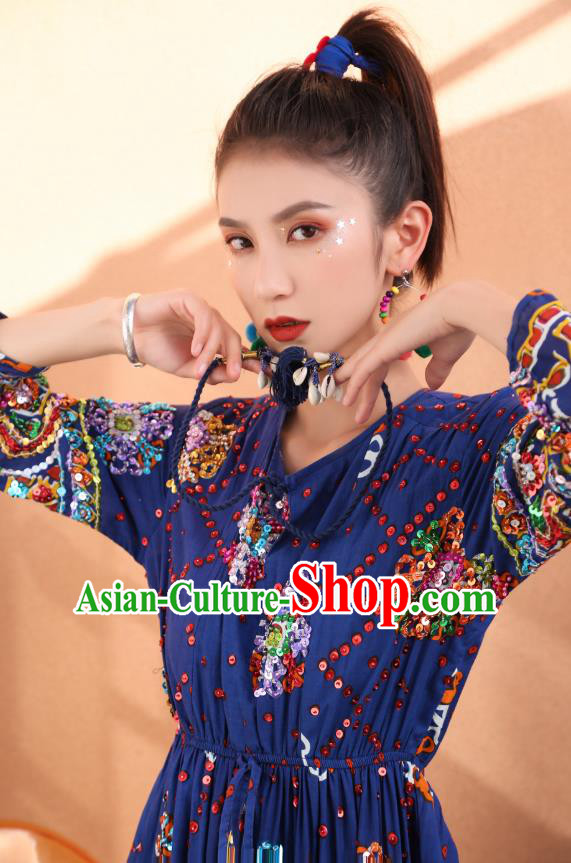Thailand Traditional Handmade Navy Blue Dress Photography Asian Thai National Embroidered Sequins Informal Costumes for Women