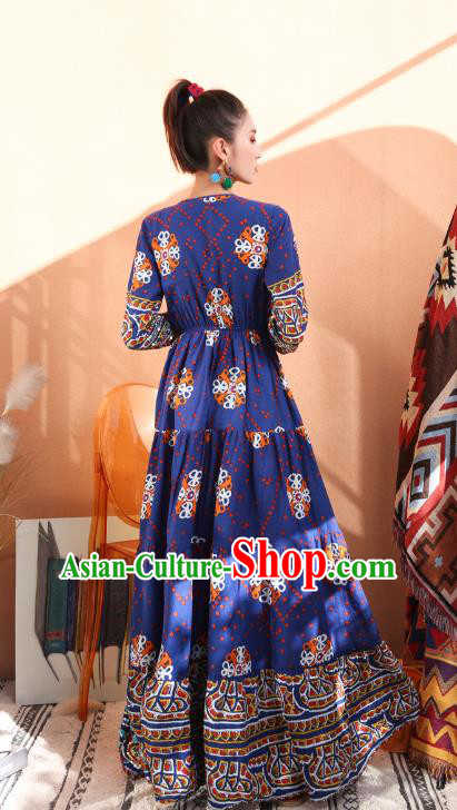 Thailand Traditional Handmade Navy Blue Dress Photography Asian Thai National Embroidered Sequins Informal Costumes for Women