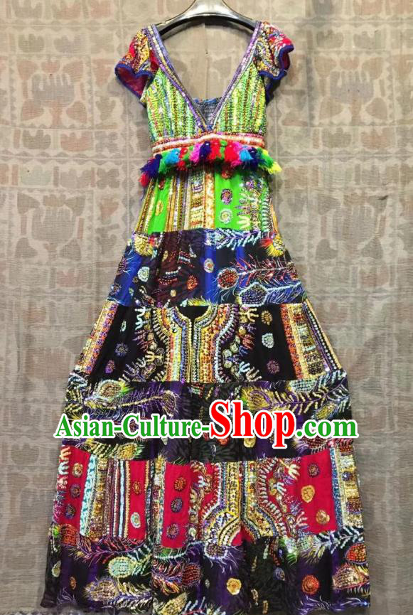Thailand Traditional Handmade Green Sequins Dress Photography Asian Thai National Embroidered Peacock Beach Costumes for Women