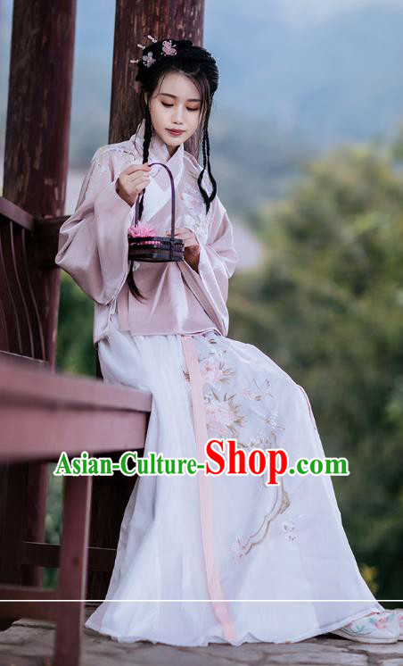 Chinese Ancient Ming Dynasty Costumes Traditional Hanfu Garment Young Lady Embroidered Pink Blouse and Skirt Full Set