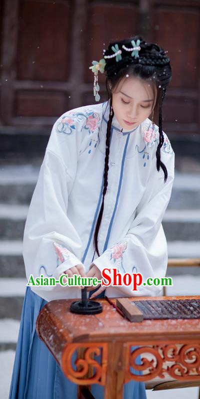 Traditional Chinese Ming Dynasty Costumes Hanfu Garment Ancient Noble Lady Embroidered White Blouse and Blue Skirt Full Set