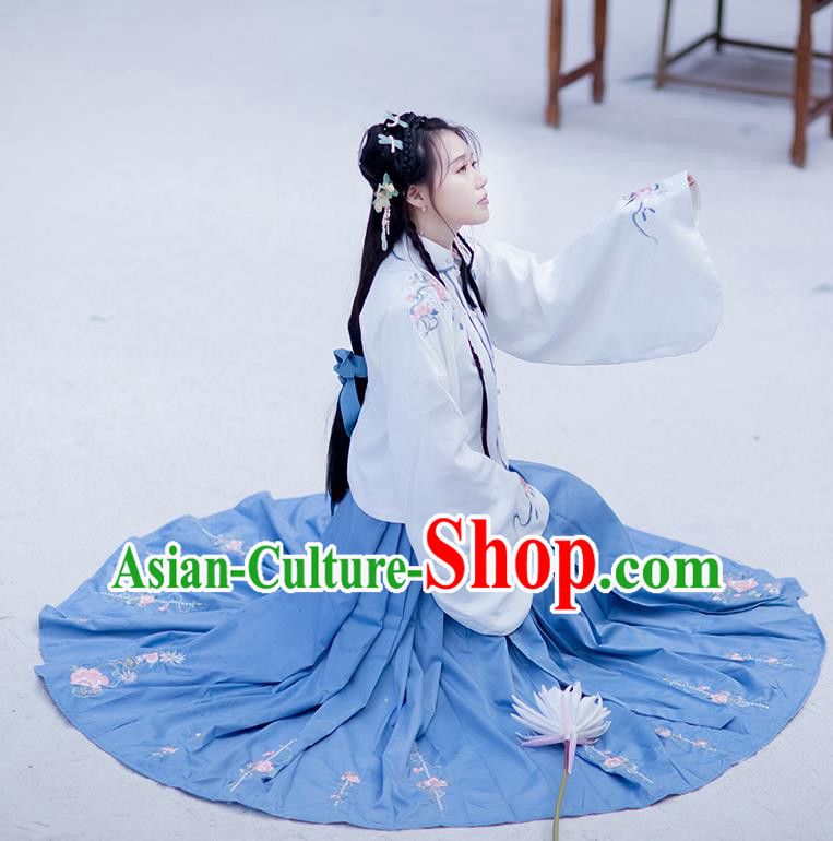 Traditional Chinese Ming Dynasty Costumes Hanfu Garment Ancient Noble Lady Embroidered White Blouse and Blue Skirt Full Set