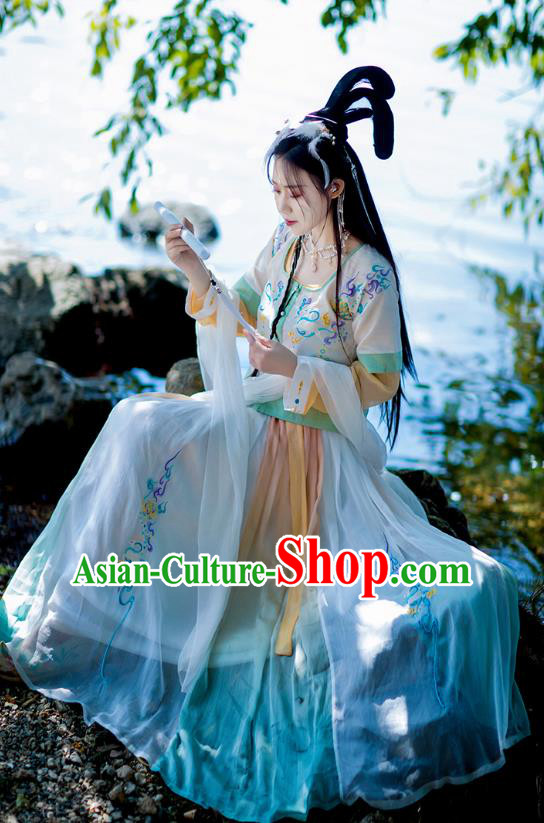 Chinese Tang Dynasty Palace Lady Costumes Traditional Hanfu Ancient Goddess Embroidered Half Sleeved Garment Blouse and Skirt Full Set