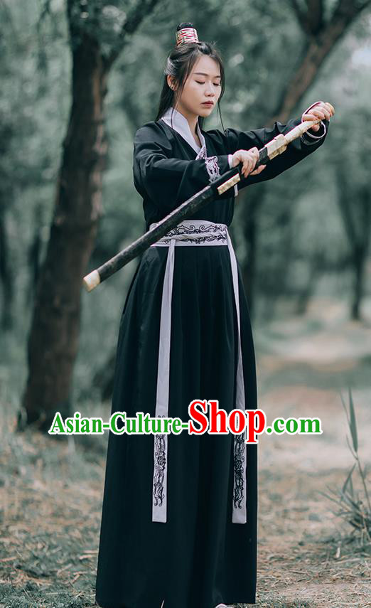 Chinese Ming Dynasty Swordsman Costumes Traditional Hanfu Garment Ancient Young Knight Black Shirt and Skirt Full Set