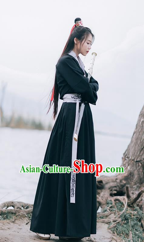 Chinese Ming Dynasty Swordsman Costumes Traditional Hanfu Garment Ancient Young Knight Black Shirt and Skirt Full Set