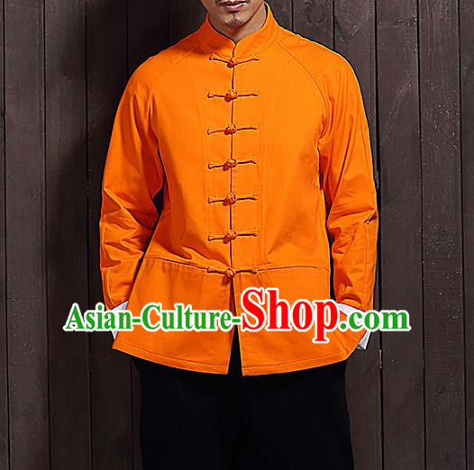 Chinese Traditional Orange Sun Yat Sen Jacket Tang Suit Overcoat Outer Garment Stand Collar Costumes for Men