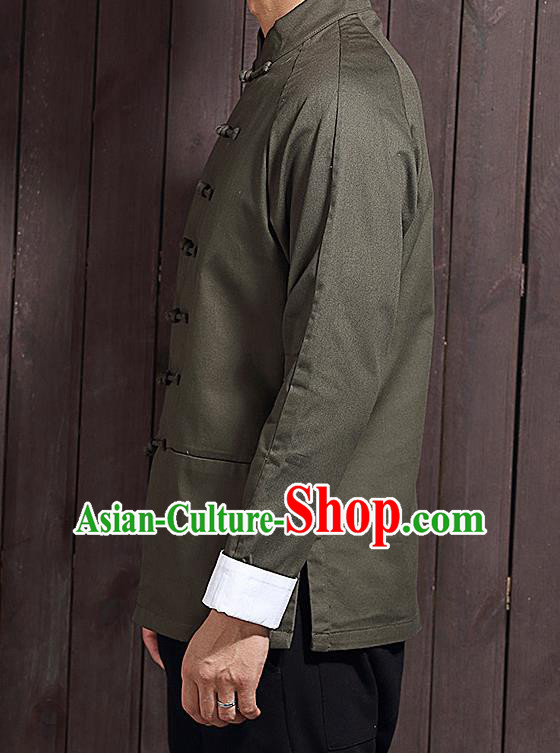 Chinese Traditional Army Green Sun Yat Sen Jacket Tang Suit Overcoat Outer Garment Stand Collar Costumes for Men
