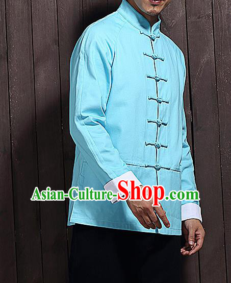 Chinese Traditional Blue Sun Yat Sen Jacket Tang Suit Overcoat Outer Garment Stand Collar Costumes for Men