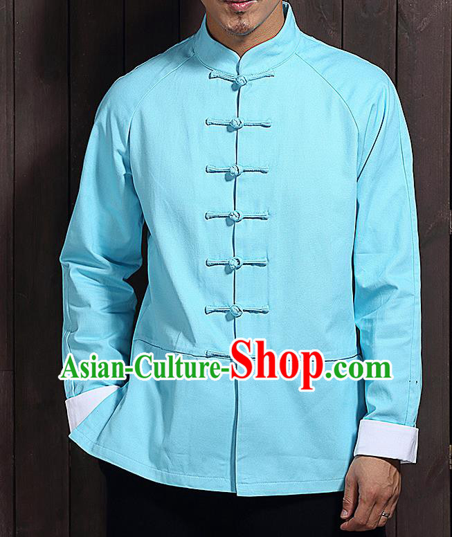 Chinese Traditional Blue Sun Yat Sen Jacket Tang Suit Overcoat Outer Garment Stand Collar Costumes for Men