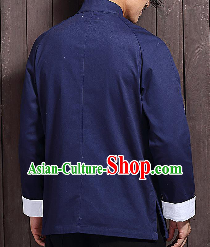 Chinese Traditional Navy Blue Sun Yat Sen Jacket Tang Suit Overcoat Outer Garment Stand Collar Costumes for Men