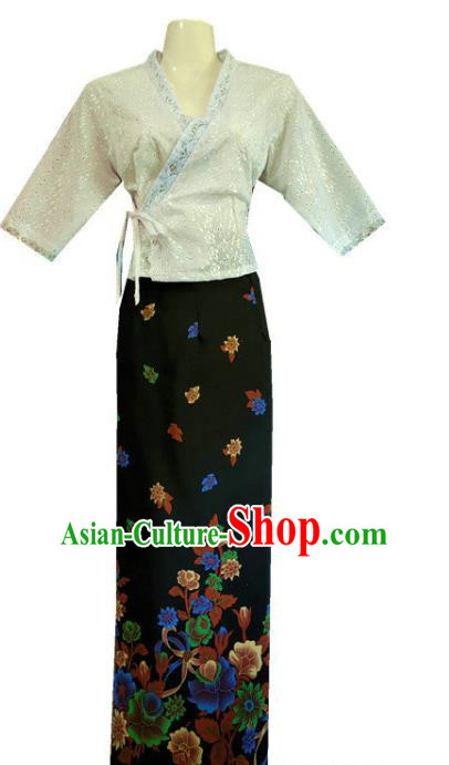 Chinese Dai Nationality Costumes Traditional Dai Ethnic Work White Middle Sleeve Blouse and Printing Black Skirt for Women