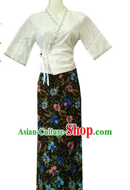 Chinese Dai Nationality Costumes Traditional Dai Ethnic Work White Middle Sleeve Blouse and Printing Flowers Black Skirt for Women