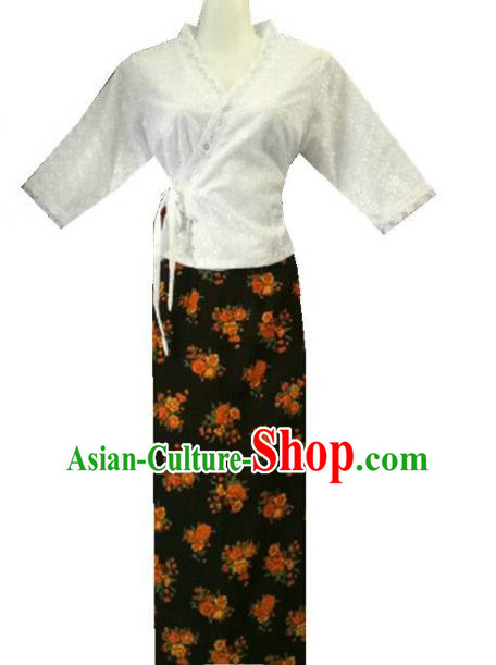 Chinese Dai Nationality Costumes Traditional Dai Ethnic Work White Middle Sleeve Blouse and Printing Orange Flowers Skirt for Women