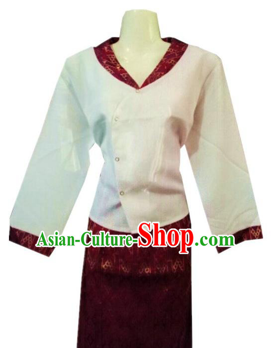 Chinese Dai Nationality Costumes Traditional Dai Ethnic Work White Blouse and Purplish Red Skirt Outfits for Women