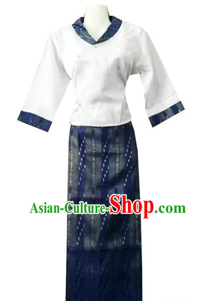 Chinese Dai Nationality Costumes Traditional Dai Ethnic Work White Blouse and Navy Skirt Outfits for Women