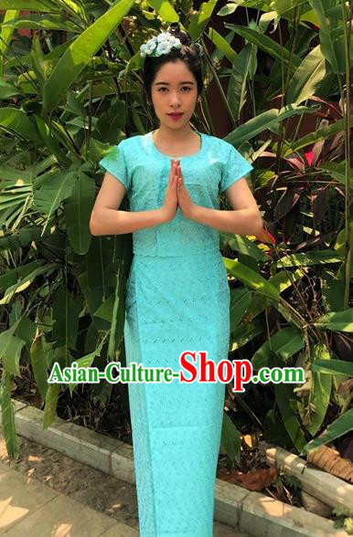 Chinese Dai Nationality Dance Costumes Traditional Dai Ethnic Light Blue Blouse and Straight Skirt Full Set for Women