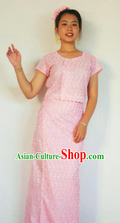 Chinese Dai Nationality Dance Costumes Traditional Dai Ethnic Pink Blouse and Straight Skirt Full Set for Women