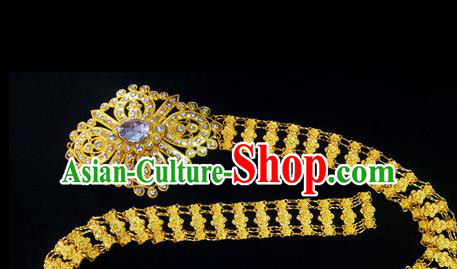Chinese Dai Nationality Folk Dance Golden Belt Waistband Traditional Ethnic Crystal Waist Accessories for Women