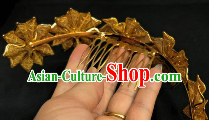 Chinese Dai Nationality Flowers Hairpin Traditional Ethnic Hair Accessories Handmade Dance Golden Hair Combfor Women