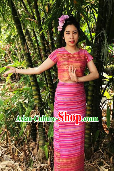 Chinese Dai Nationality Folk Dance Costumes Traditional Dai Ethnic Stage Show Rosy Blouse and Straight Skirt Complete Set